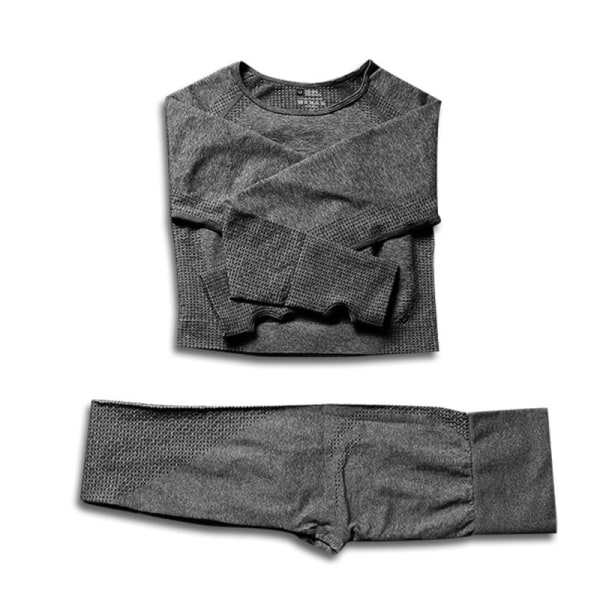 Yoga Set Träning Sportkläder Långärmad Crop Top Hög midja Leggings för kvinnor 2E-dark grey L