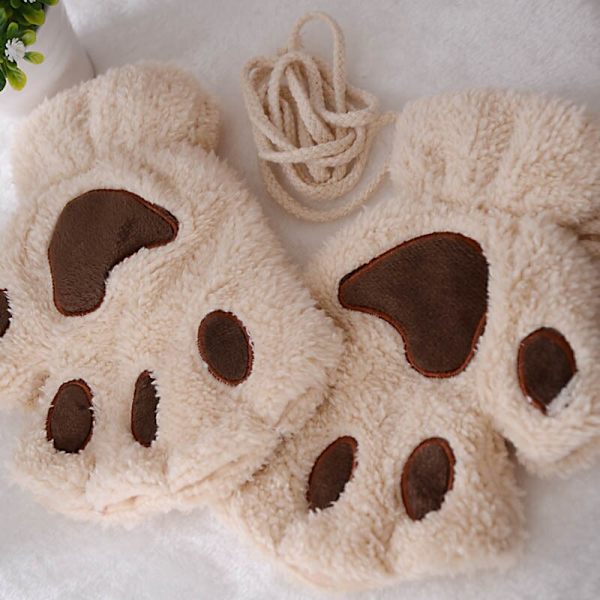 Kawaii Kissan Kynsi Tassu Pehmo Käsineet Naiset Talvi Lämpimät Lyhyet Sormettomat Käsineet Pörröinen Karhu Kissa Lapaset Puku Puolisormikkaat F Plush Mittens One Size