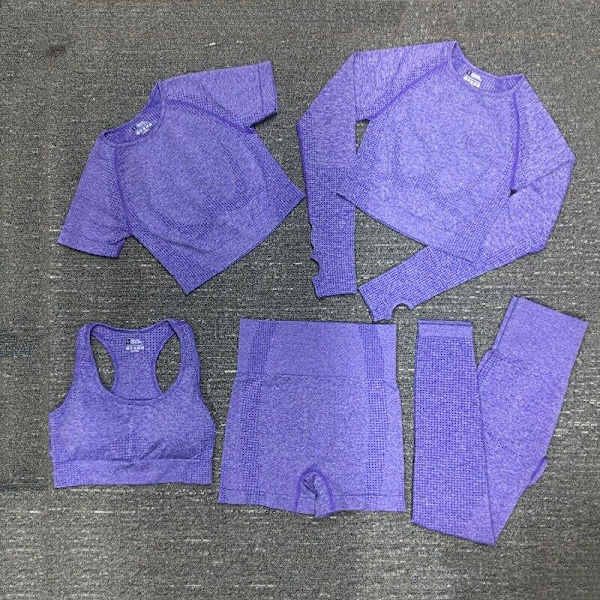 Yoga Set Sömlös Långärmad Crop Top Hög Midja Gym Fitness Leggings För Kvinnor 5PcsSet-Purple S