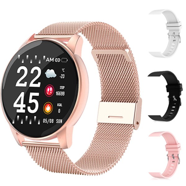 Watch Kvinnor Män Blodtryck Puls Fitness Tracker Watch Sport Rund Smartwatch Smartklocka för Android IOS Steel Add 3 Strap2