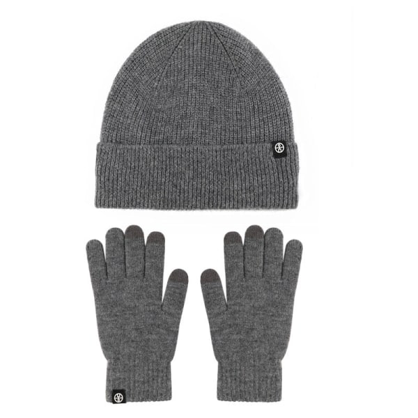 Varm Strikket Lue Hansker Todelt Fleeceforet Berøringsskjerm Ullue Todelt Sett Dark gray two-piece set