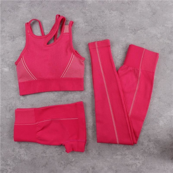 Yoga Sæt Crop Top BH Shorts Leggings Træningssæt Aktiv Fitness Træningstøj 3PCS Pink Set M