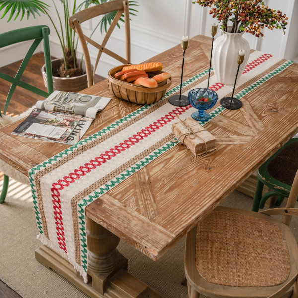Bordslöpare i bomull och linne med sömmar, tvåfärgad vävd tofs, naturmaterial, amerikansk lantlig semesterduk Three hemp string 30*180 (including tassels)