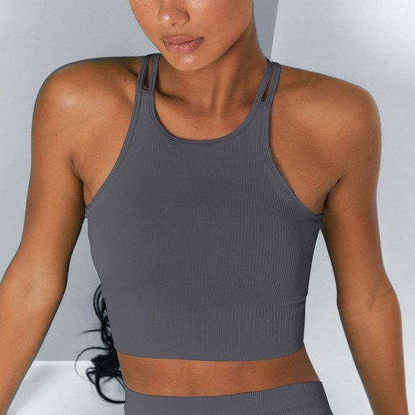 Sömlös Stickad Beauty Back Sexig Yoga Väst Fukttransporterande Sport-BH Löpning Fitness Kläder 6506 vest-Gray L