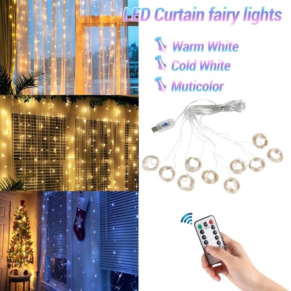 Julbelysning Gardin Garland God Juldekorationer Till hemmet Juldekorationer Julklappar Navidad 2023 Nyårsdekoration White 1Mx3M 100LED