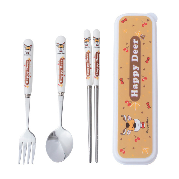 Keramisk servise i rustfritt stål, barneservise, tredelt tegneserie, bærbart servise, gaffel, skje og spisepinner sett Little Bunny three-piece set