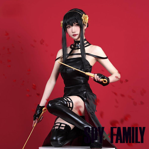 Anime Spy Family Yor Forger Cosplay Mördare Lönnmördare Gotisk Halterneck Svart Klänning Outfit Cosplay Kostym med Läderstrumpor only Costume 0 XS