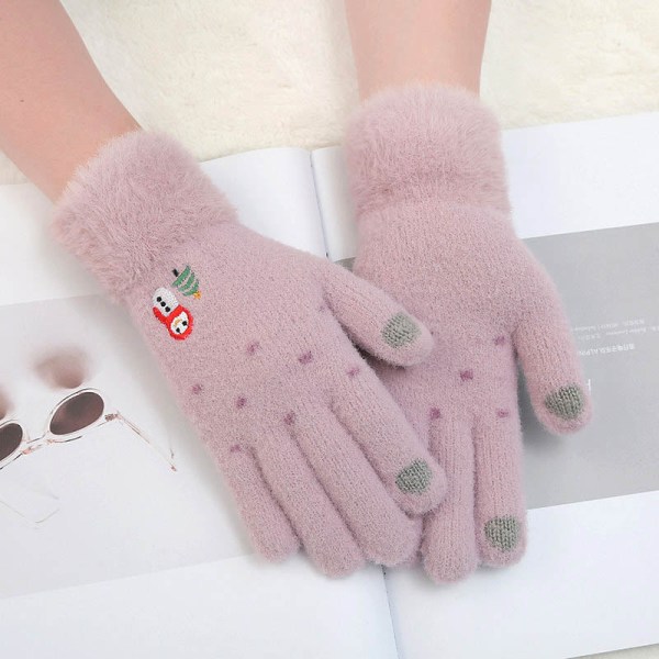 Dam Vinter Varma Handskar Snögubbe Broderi Virkad Yllehandske Pekskärm Mjuka Pälsiga Helfinger Vantar Julklappar A Grey One Size