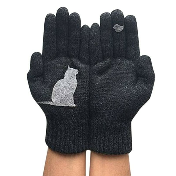 Vinterhandskar för män kvinnor tonåringar, söta katt- och fågeltryckta termiska stickade handskar, vindtäta varma vintervantar, mjuka Grey Blue 20cm