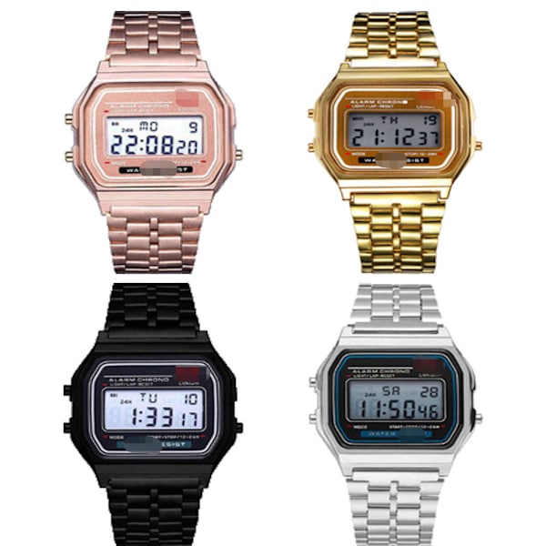 F91 Sports Børne Elektronisk Metalur Multifunktionelt Lysende Stålrem Ur Gold shell with black surface