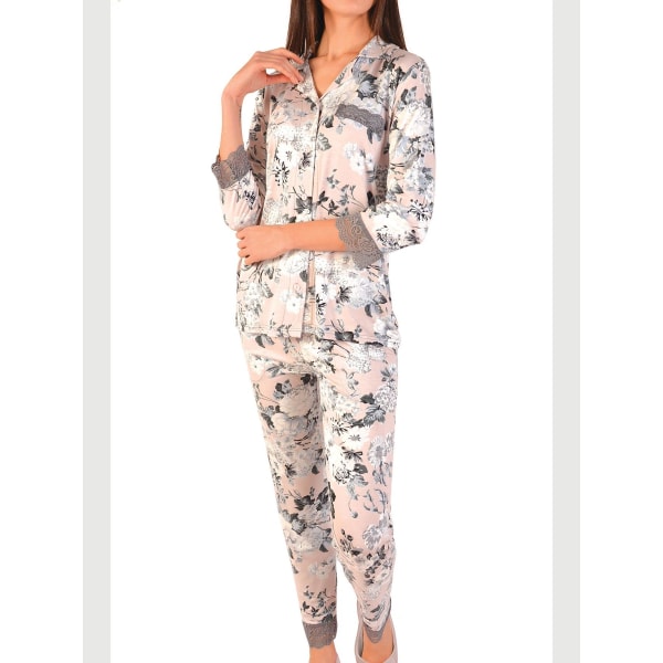 Brunt pyjamassett for kvinner med lommer, knapper, lycra og blonder Light brown S
