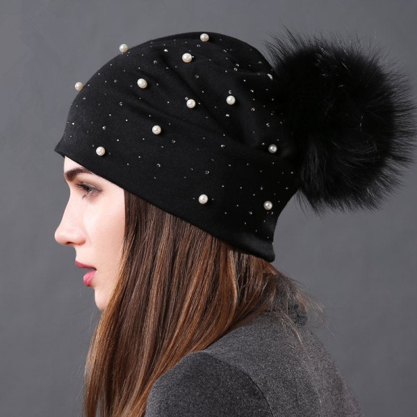 Pärl Dubbellagers Bomullsmaterial Ärmmössa Höst och Vinter Dam All-Match Mode Tvättbjörn Boll Päls Dam Varm Hatt Dark gray natural color ball