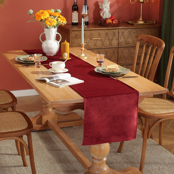 Velour Bordløber Enkel Ensfarvet Bordløber Bryllupsfest Spisebordsdekorationer Lang Duge Wine Red 33*200cm
