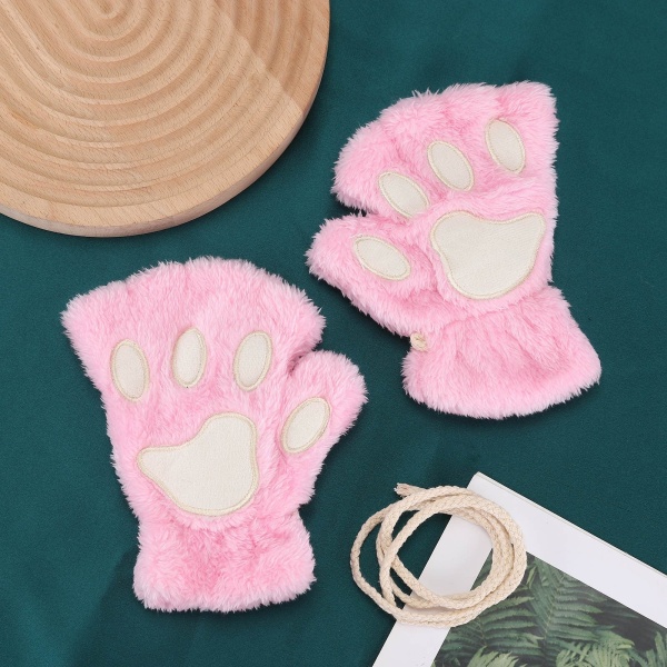 Kawaii Katt Handskar för Kvinnor Mode Flickor Katt Klo Tass Plysch Vantar Varma Mjuka Plysch Korta Fingerlösa Halvfinger Vinterhandskar Pink One Size