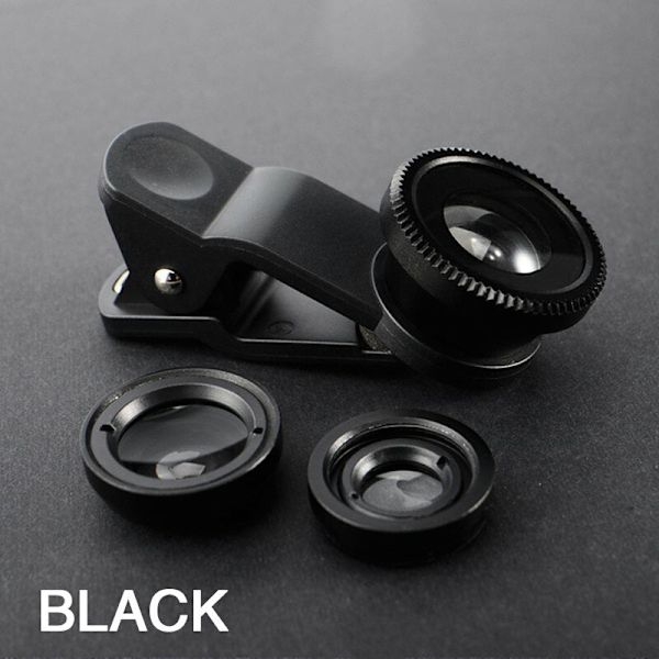3-i-1 Fiskeøyeobjektiv 0.67X Vidvinkel Zoom Fiskeøye Makroobjektiver Kamerakit Med Klips Universelt Objektiv For iPhone 13 Xiaomi Huawei Black