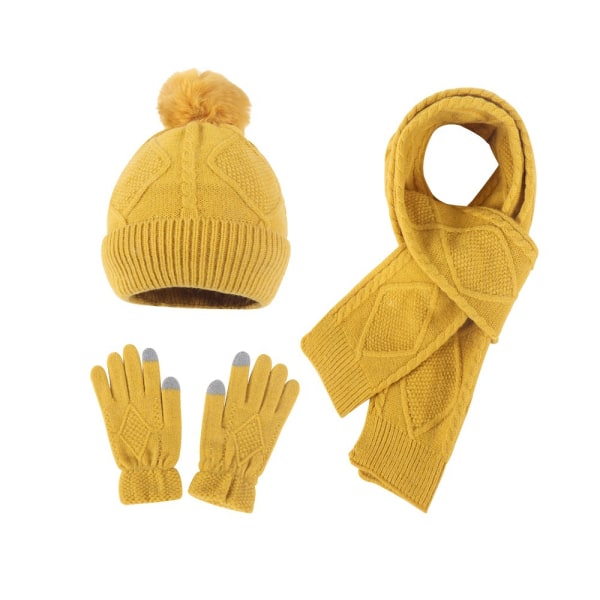 Mössa, halsduk och handskar för bollstickning för kvinnor i tre delar Fashionabla varm set med cap Yellow