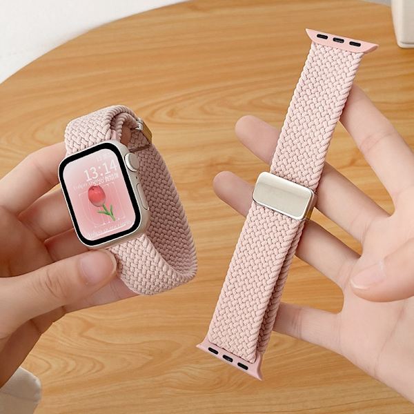 Urrem til Apple Watch iWatch til SE2/6/5/4 44mm rem sand pink flettet reb elastisk bånd