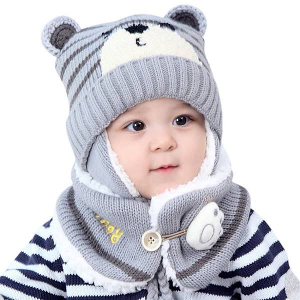 Unisex Barn Tecknad Björn Randiga Mössor och Halsduk Baby Mössa Set Flicka Pojke Mössa Halsduk Set Barn Vinter Öronmuffar Mössa Halsduk Varmt Set gray Hat Girth 46-50cm