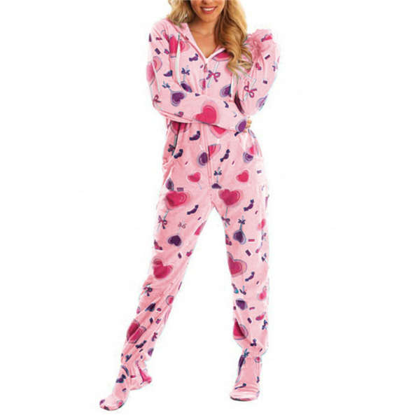 Dam Vår Höst Jumpsuit med Huva Tryck Varm Långärmad Ledig Lös Romper Dam Hem Pyjamas Purple L