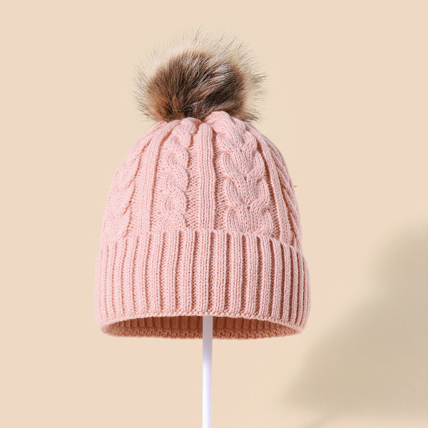 Syksyn ja talven uusi iso turkispallo villapipo, universaali yksivärinen yksikerroksinen reunus lämmin neulottu hattu naisille Pink color Average size