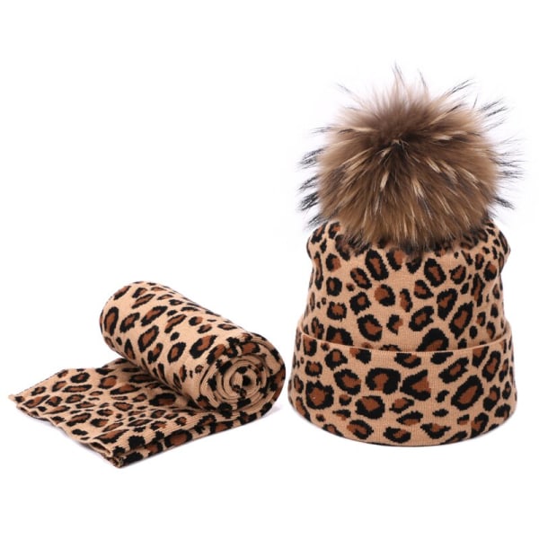 Vinter dam pompong mössa scarf set Leopard Sexig utomhus varm 2 stycken päls pom pom hatt scarf häckmössor för kvinnliga tjejer V