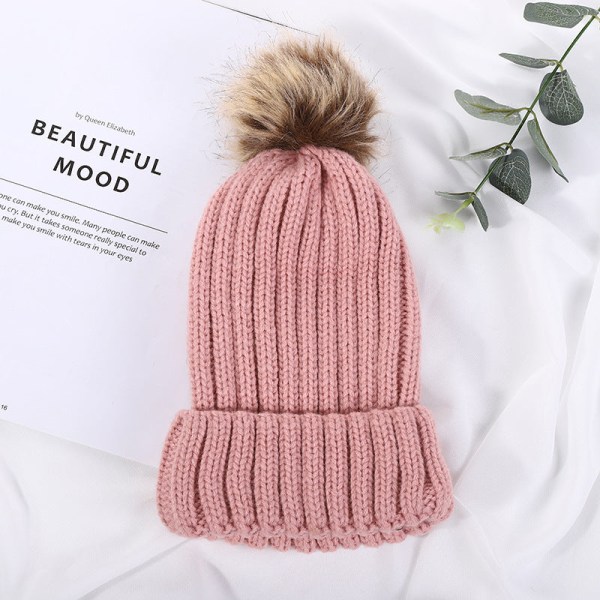 Stickad Ullmössa Vinter Varm Mode Ull Fluffig Bollmössa Mode Förtjockad Pink color Average size
