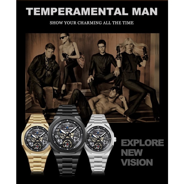 Armbåndsur Urverk Rustfritt Stål med Svart Kriger Kalender Vanntett Herreklokke 5016G-J gold steel chain