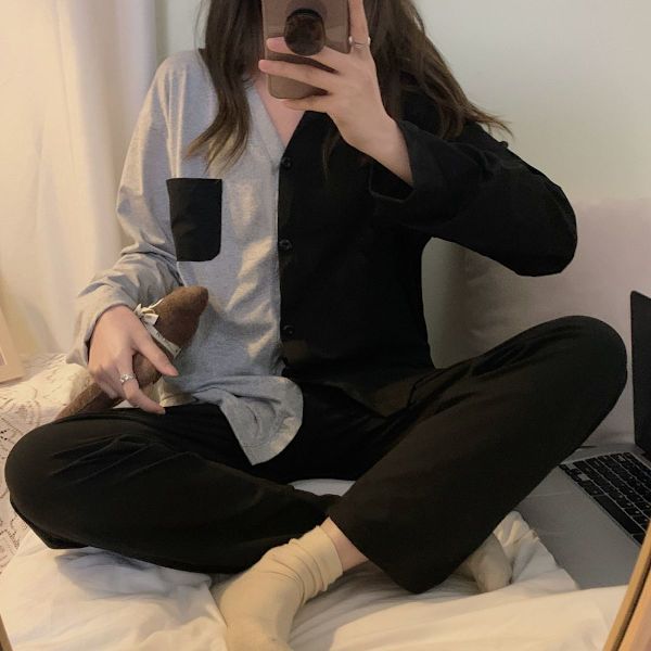 Pyjamas Dam Höst Enkel Vardaglig Kofta Nät Röd Tjej Långärmade Byxor Ytterkläder Hemmadräkt Black L