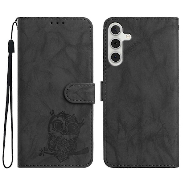Fodral för Samsung Galaxy A16 4G 5G Uggla Präglat PU Läder Plånbok Telefonfodral med Handledsrem - Pur Black