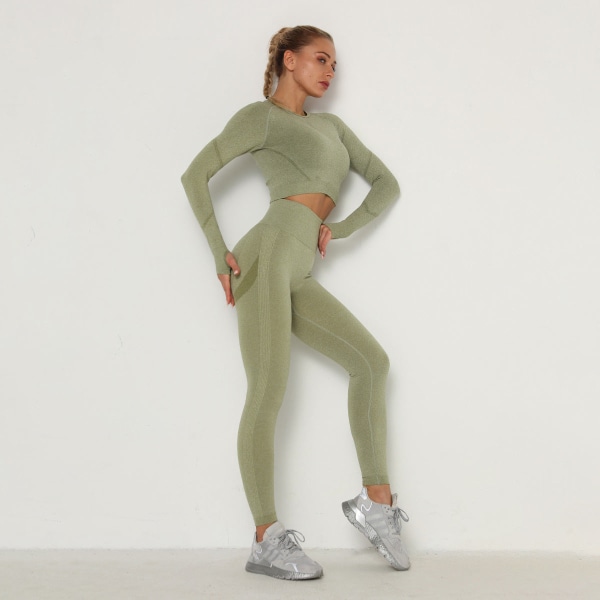 Europeisk och amerikansk plisserad sömlös yogadräkt för kvinnor, hög midja, slimmande och åtsittande sport, långärmad fitness yogabyxor, tvådelad dräkt 6205 Long Sleeve trousers suit-Blue L