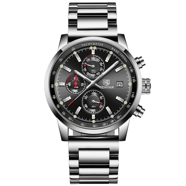 Binya Sports Utendørs Multifunksjonelt Belte Herreklokke Vanntett Quartz Klokke for Menn White Shell gray surface steel belt