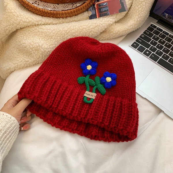 Söta Blommor Ullmössa Dam Höst och Vinter Koreansk Stil Litet Ansikte Stickad Hatt Japansk Stil Stor Huvudomkrets Varm Allmatchande Hatt Rose Red M(56-58cm)
