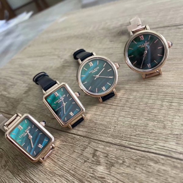 Lola Rose Small Green Watch Set Roller Small Golden Watch Square British Starry Watch Girl No. 8 square shell black leather