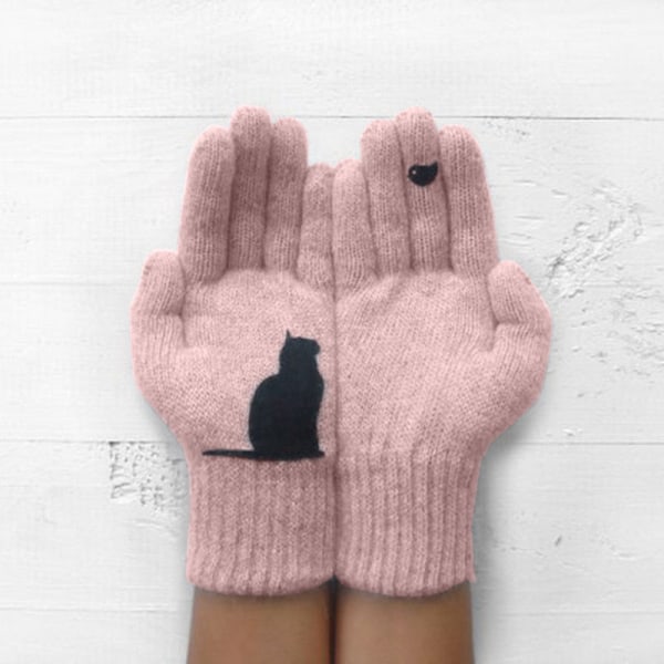 Vinterhandskar för män kvinnor tonåringar, söta katt- och fågeltryckta termiska stickade handskar, vindtäta varma vintervantar, mjuka Black Gloves 20cm
