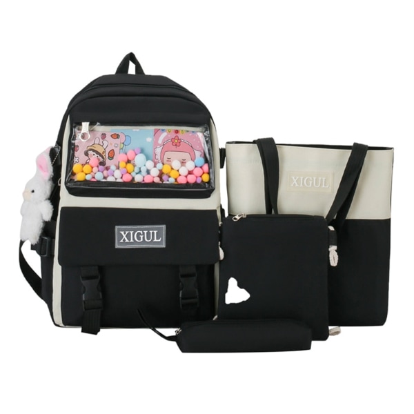 4 st/set Skolryggsäckar för damer Skolväska Daisy Canvas för tonårsflickor Student College Bokväska Pojkar Portfölj Bolsas Mochilas F Black Backpacks