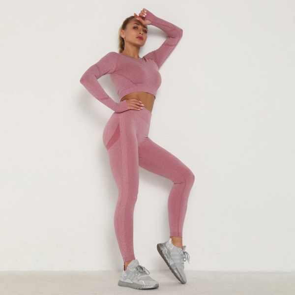 Europeisk och amerikansk plisserad sömlös yogadräkt för kvinnor, hög midja, slimmande och åtsittande sport, långärmad fitness yogabyxor, tvådelad dräkt 6205 Long Sleeve trousers suit-Blue S