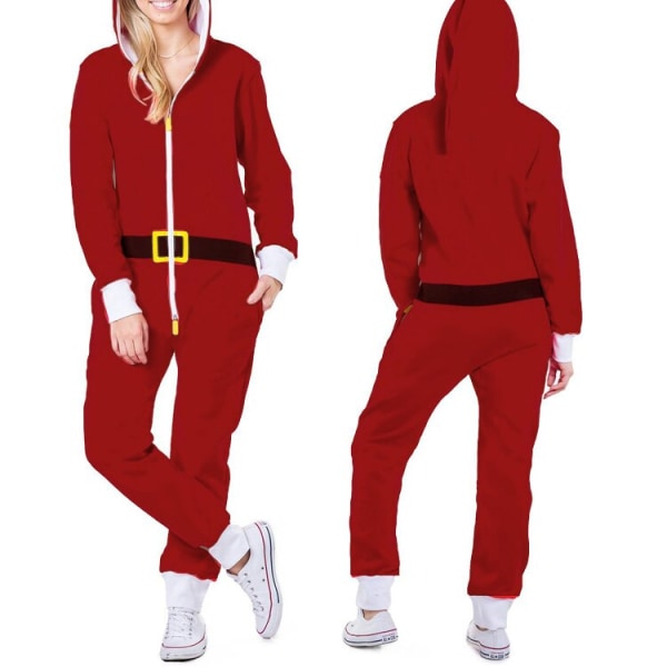 Jul-pyjamas i ett stycke för damer med huva, tomtemönster, mysiga vuxenoveraller, festliga hemmakläder Grid L