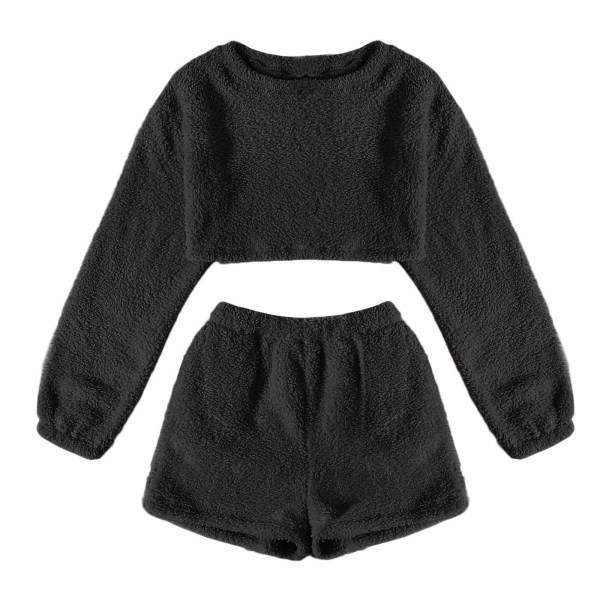 Fuzzy Lounge Casual Pyjamasett for Kvinner, Langermet Fleece Pullover og Shorts Buksesett 2 Deler Fluffy Loungewear Nattøy Black L