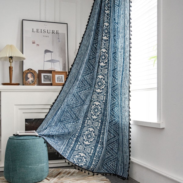 Blå Geometriska Vardagsrumsgardiner Bohemisk Stil Tryckta Gardiner Hook 150*160