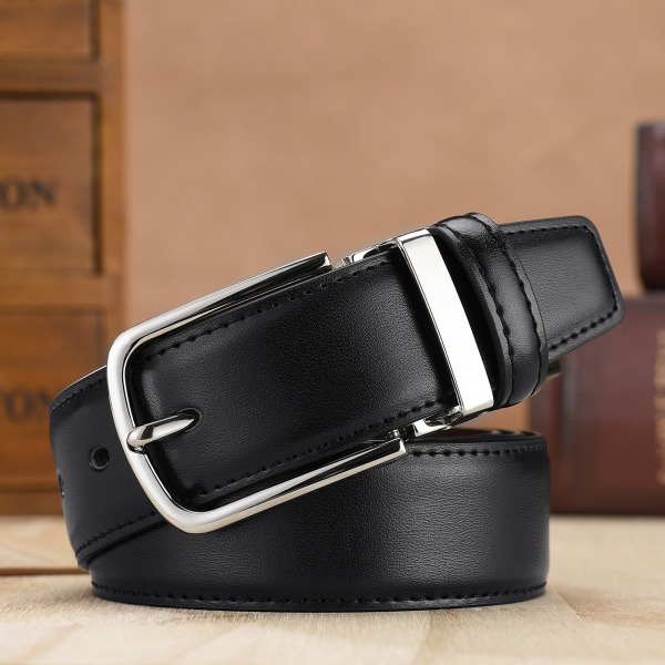 Läderbälte för män med spänne, dubbelsidigt bälte för byxor Brown Belt Silver Buckle 125cm