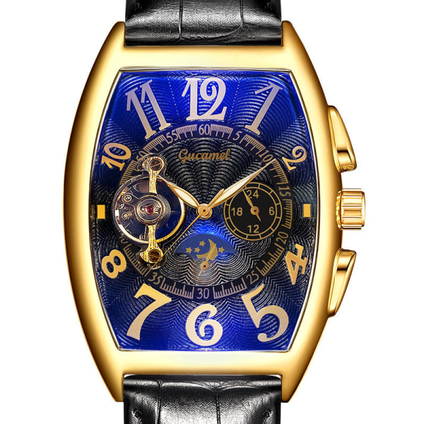 Watch Tonneau Mekanisk Watch Hjul Automatisk urholkning Mekanisk watch Gold shell black surface