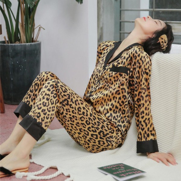Leopardmönstrade Sexiga Långärmade Pyjamas Dam Imitation av Äkta Siden Sovkläder Leopard print M