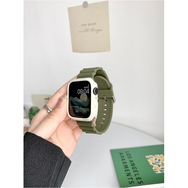 Klockarmband för Apple Watch iWatch 38mm Korrugerad Silikon-Armégrön + Antikvit Skal