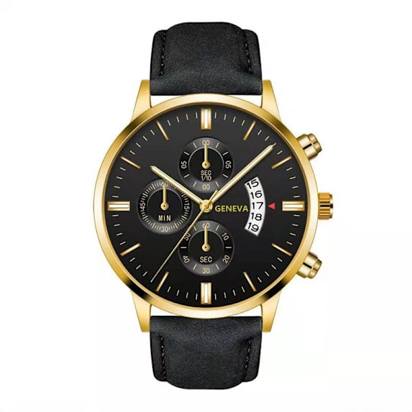 Klocka med läderarmband, kvartsur, modekalender, herrklocka, affärsklocka för män Gold shell black with white surface