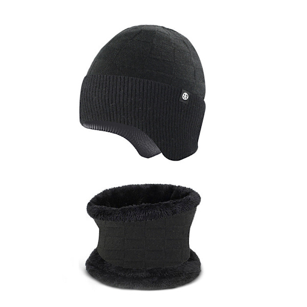 Lämmin Korvasuoja Hattu Huivi Kaksiosainen Set Talvi Ulkoilu Fleecevuorattu Neulepuku [Twist style] black two-piece set