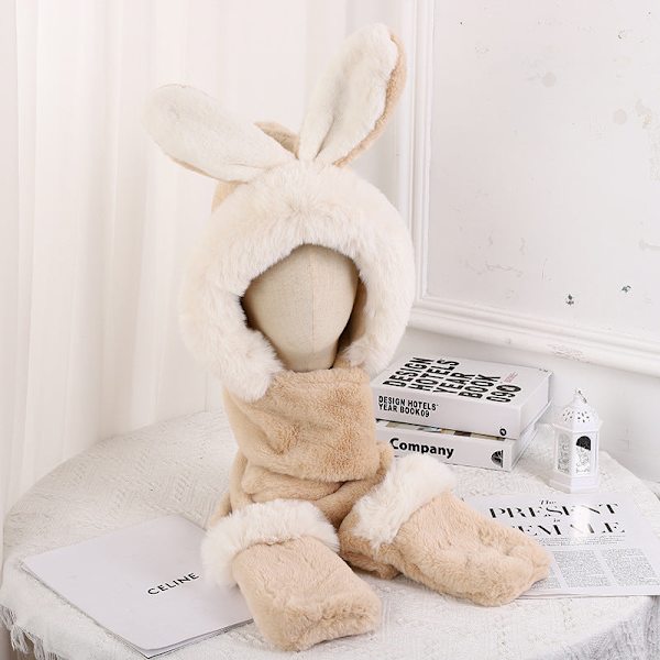 Sött Julhatt Handskar Halsduk Tredelat Set Utomhus Håll Värmen Köldtålig Plysch Hatt i Ett Stycke WHSS6049-A rabbit ears khaki
