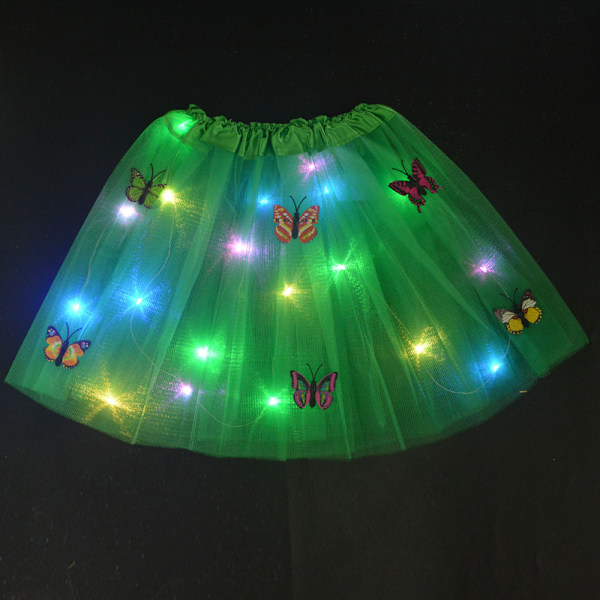 Jente Sommerfugl Lysende Tutu LED Skjørt Glød Blomsterkrans Hodebånd Party Magisk Engel Fe Jul Kostyme Bursdagsgave Dark green skirt