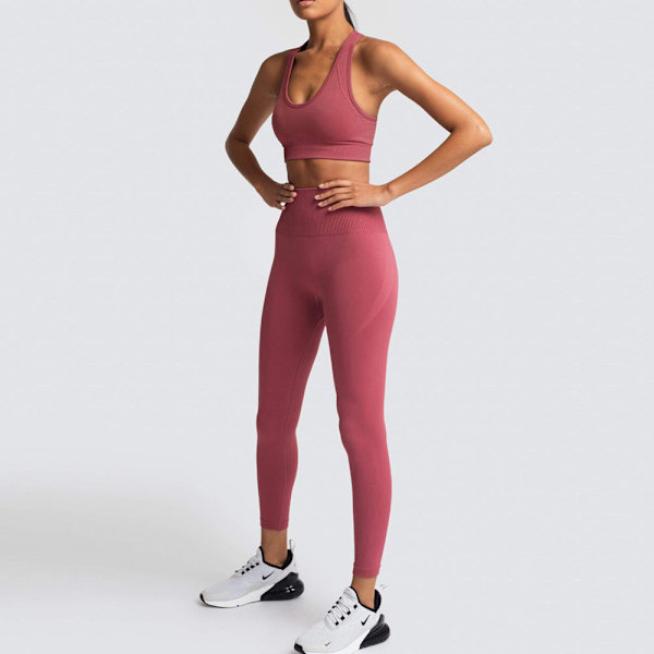 Europeisk och amerikansk enfärgad sömlös stickad höft Yoga Dräkt Tränings Outfit Väst Dräkt Kvinnor 6095 bra set-wine red M