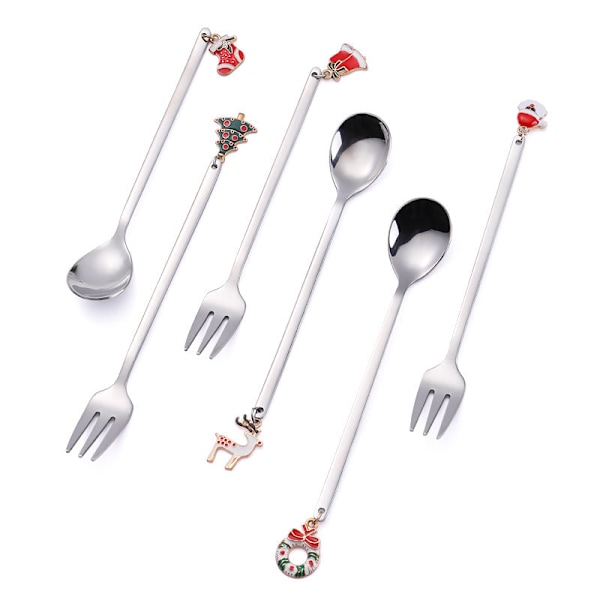 Julebestiksæt 304 Rustfrit Stål Gaffel Ske Æske Kaffeske Kreativ Juleske Christmas fork set silver