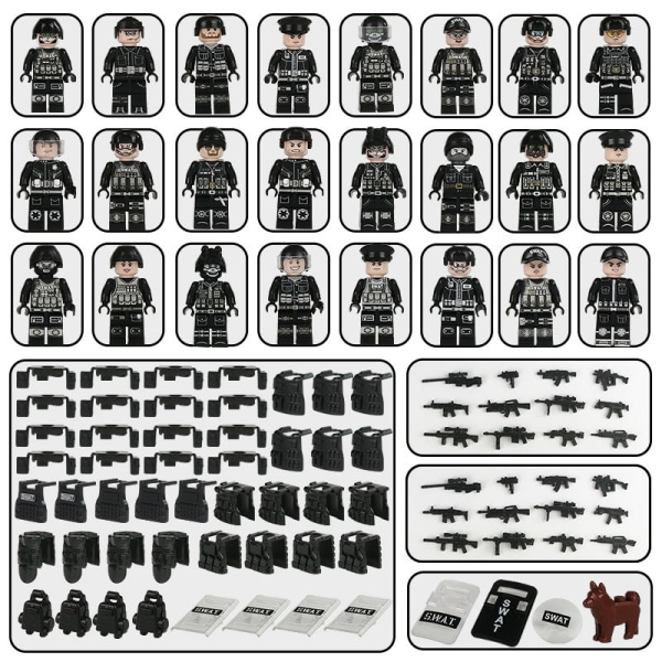 MOC Militärpolis Byggkloss Set Svart SWAT Liten Partikel Montering Docka Leksak Leksakspåse 24pcs2 Doll toy height about 5cm